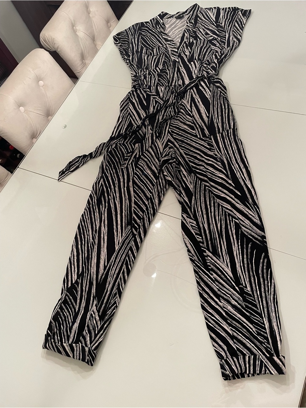 INC International Concepts Black and White Zebra-Print V-Neck Jumpsuit